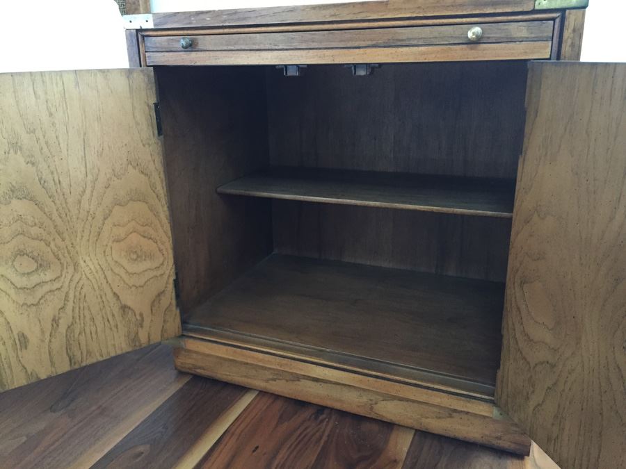 Vintage Nightstand With Brass Campaign Style Hardware And Sliding Shelf And Burlwood Front [Photo 3]