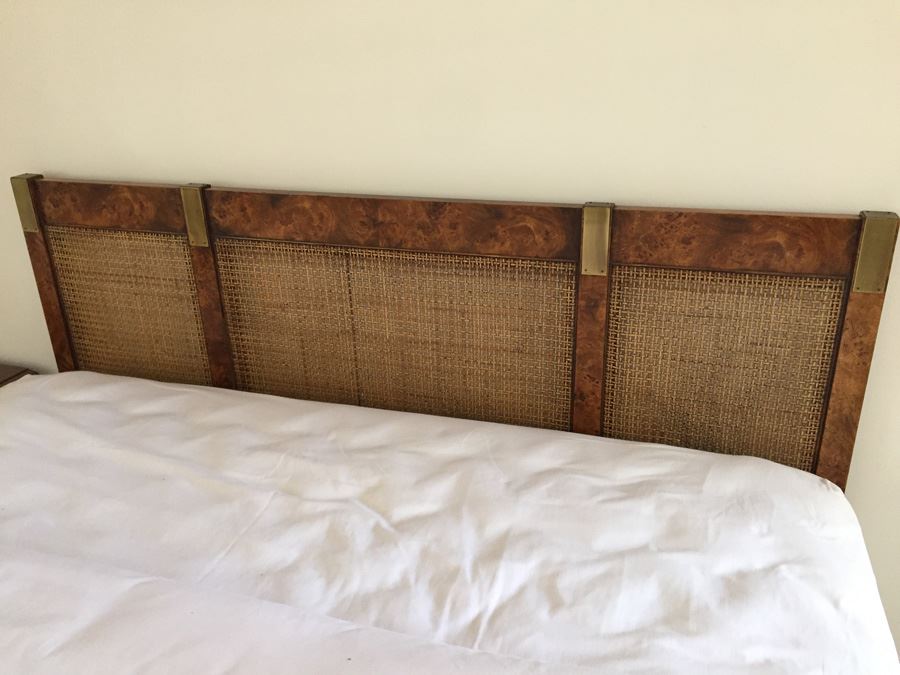 Queen Size Burlwood And Cane Headboard With Brass Campaign Style Hardware [Photo 1]