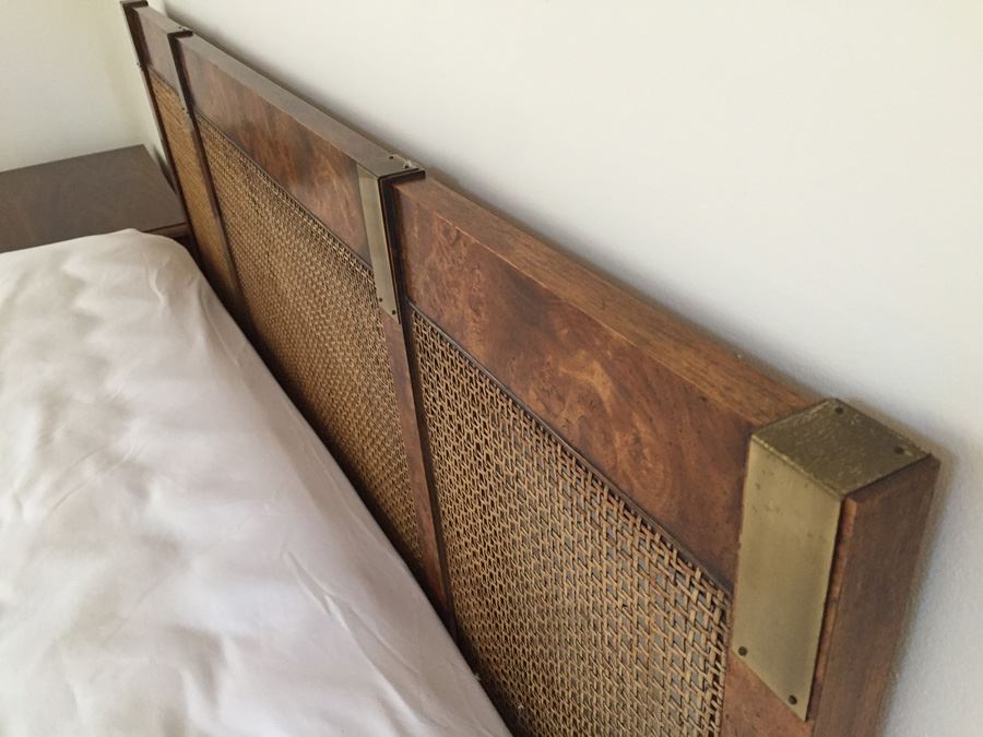 Queen Size Burlwood And Cane Headboard With Brass Campaign Style Hardware [Photo 4]