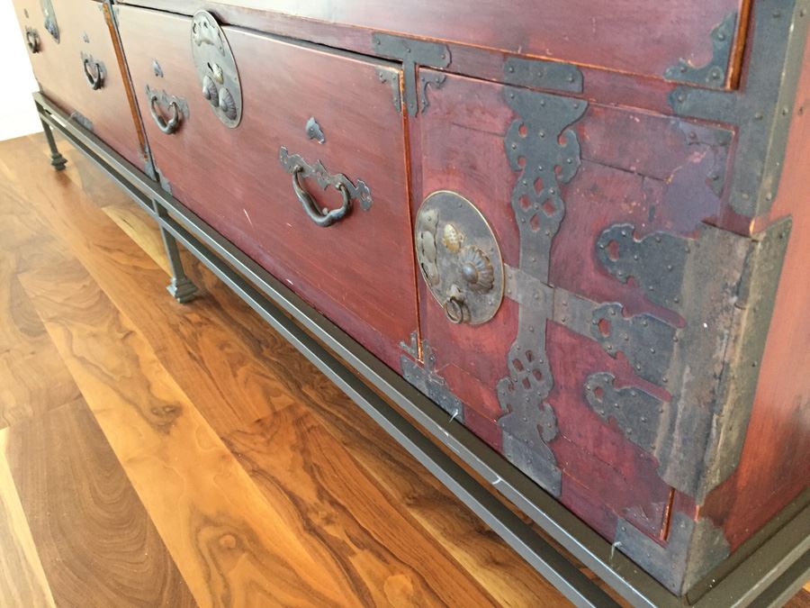 Pair Of Stunning Red Asian Campaign Chest Of Drawers Sitting On Modern Metal Stand [Photo 2]