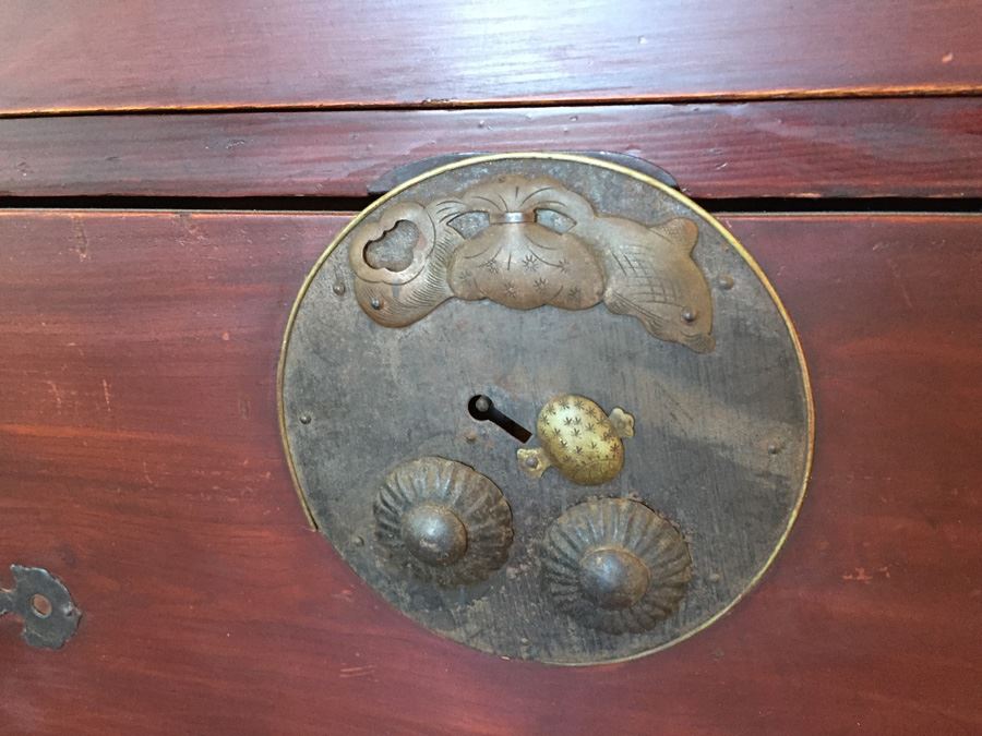 Pair Of Stunning Red Asian Campaign Chest Of Drawers Sitting On Modern Metal Stand [Photo 12]
