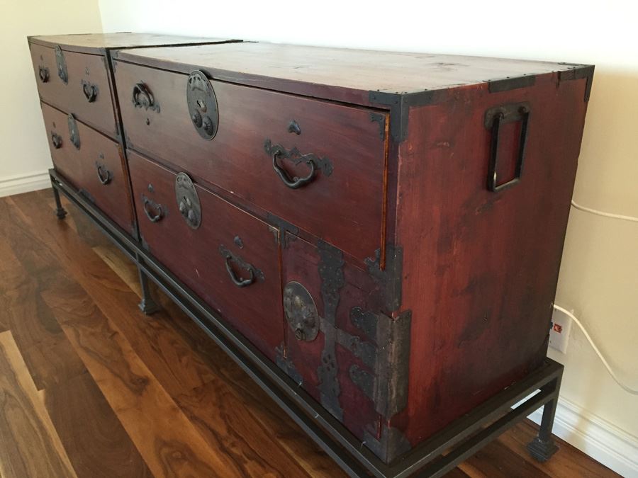 Pair Of Stunning Red Asian Campaign Chest Of Drawers Sitting On Modern Metal Stand [Photo 5]