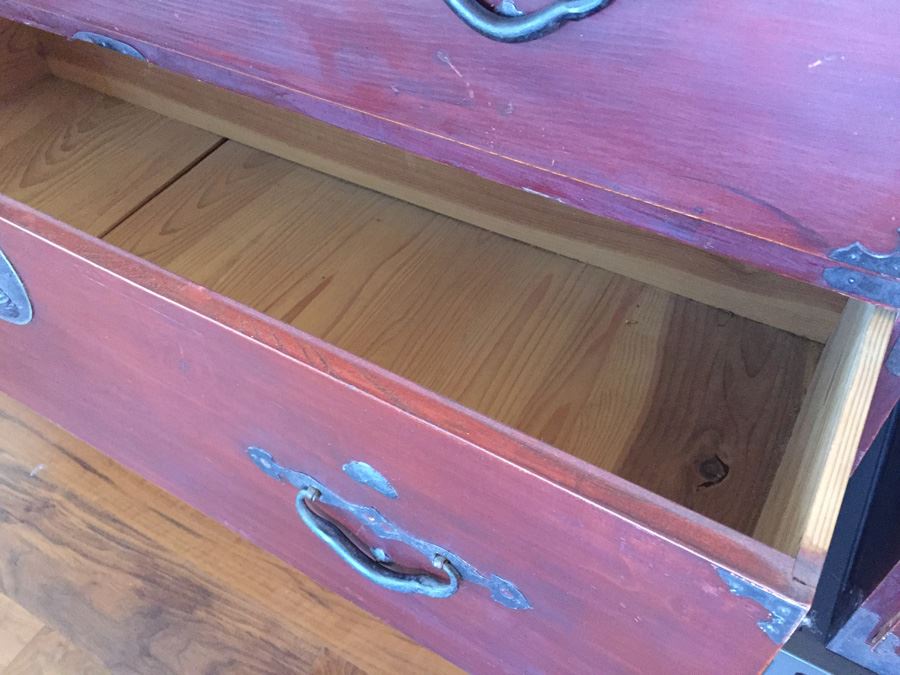 Pair Of Stunning Red Asian Campaign Chest Of Drawers Sitting On Modern Metal Stand [Photo 18]