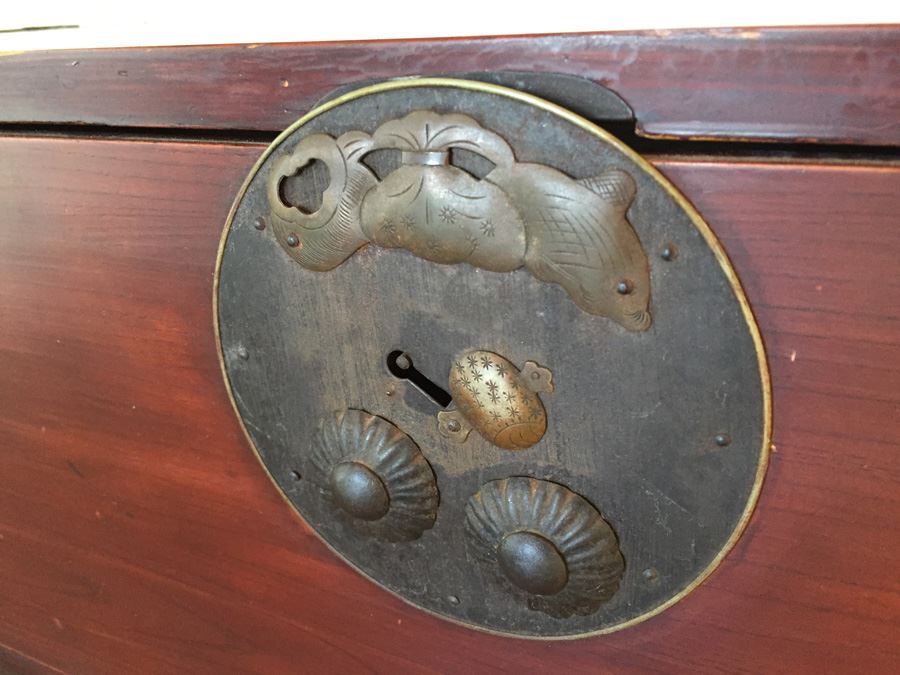 Pair Of Stunning Red Asian Campaign Chest Of Drawers Sitting On Modern Metal Stand [Photo 3]