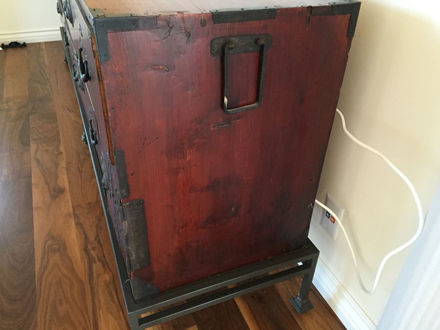 Pair Of Stunning Red Asian Campaign Chest Of Drawers Sitting On Modern Metal Stand [Photo 25]