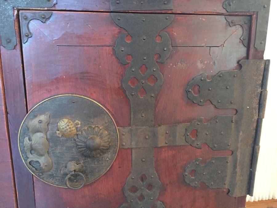 Pair Of Stunning Red Asian Campaign Chest Of Drawers Sitting On Modern Metal Stand [Photo 11]