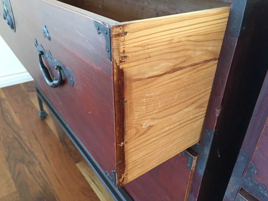 Pair Of Stunning Red Asian Campaign Chest Of Drawers Sitting On Modern Metal Stand [Photo 15]