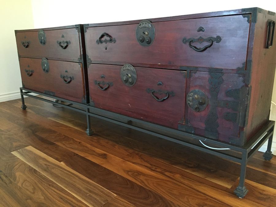 Pair Of Stunning Red Asian Campaign Chest Of Drawers Sitting On Modern Metal Stand [Photo 27]