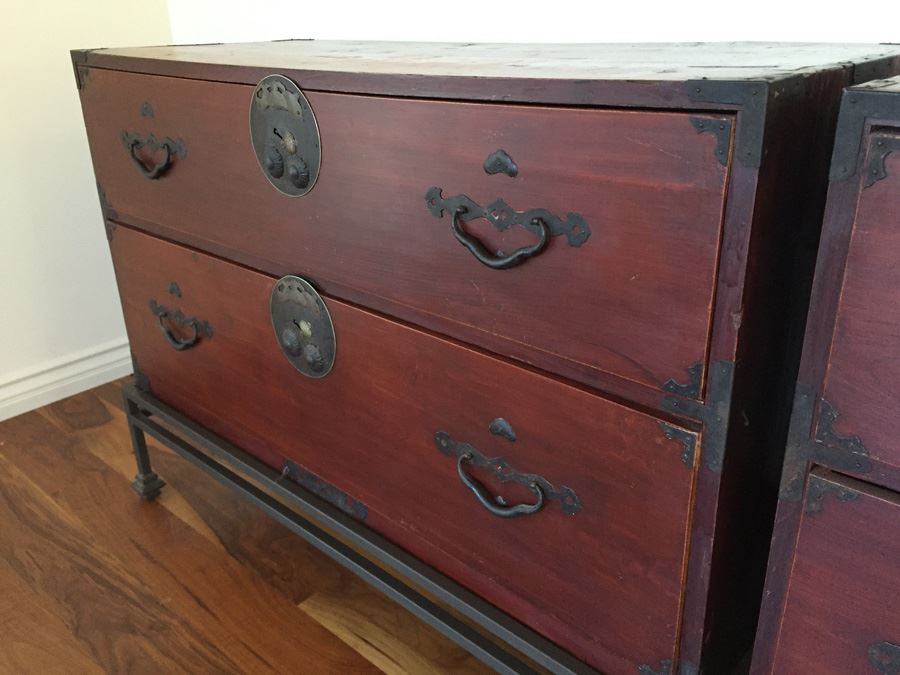 Pair Of Stunning Red Asian Campaign Chest Of Drawers Sitting On Modern Metal Stand [Photo 14]