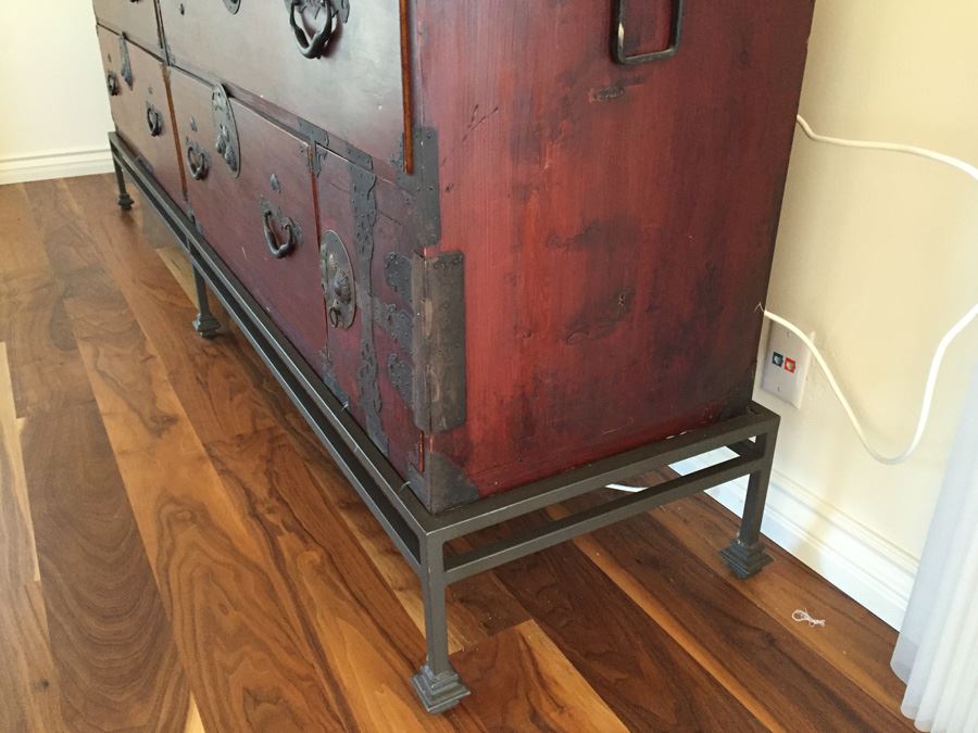 Pair Of Stunning Red Asian Campaign Chest Of Drawers Sitting On Modern Metal Stand [Photo 6]