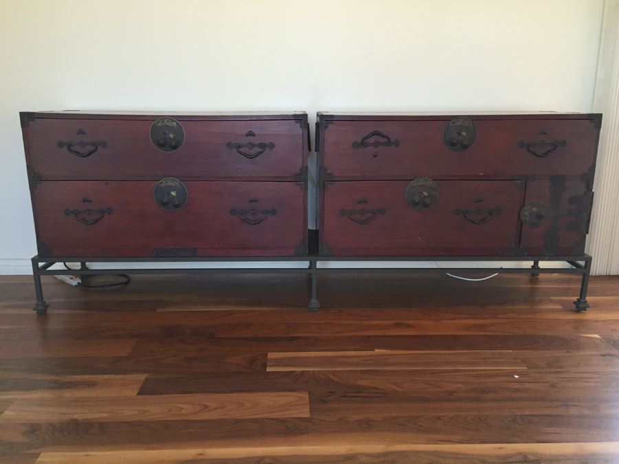 Pair Of Stunning Red Asian Campaign Chest Of Drawers Sitting On Modern Metal Stand [Photo 1]