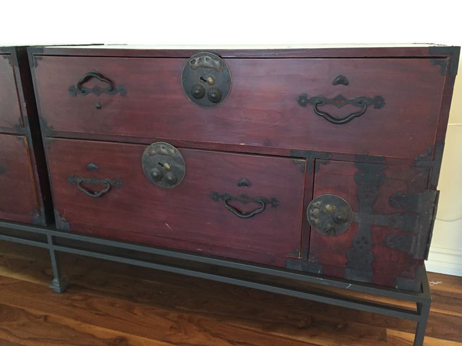 Pair Of Stunning Red Asian Campaign Chest Of Drawers Sitting On Modern Metal Stand [Photo 4]