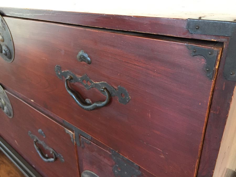 Pair Of Stunning Red Asian Campaign Chest Of Drawers Sitting On Modern Metal Stand [Photo 9]
