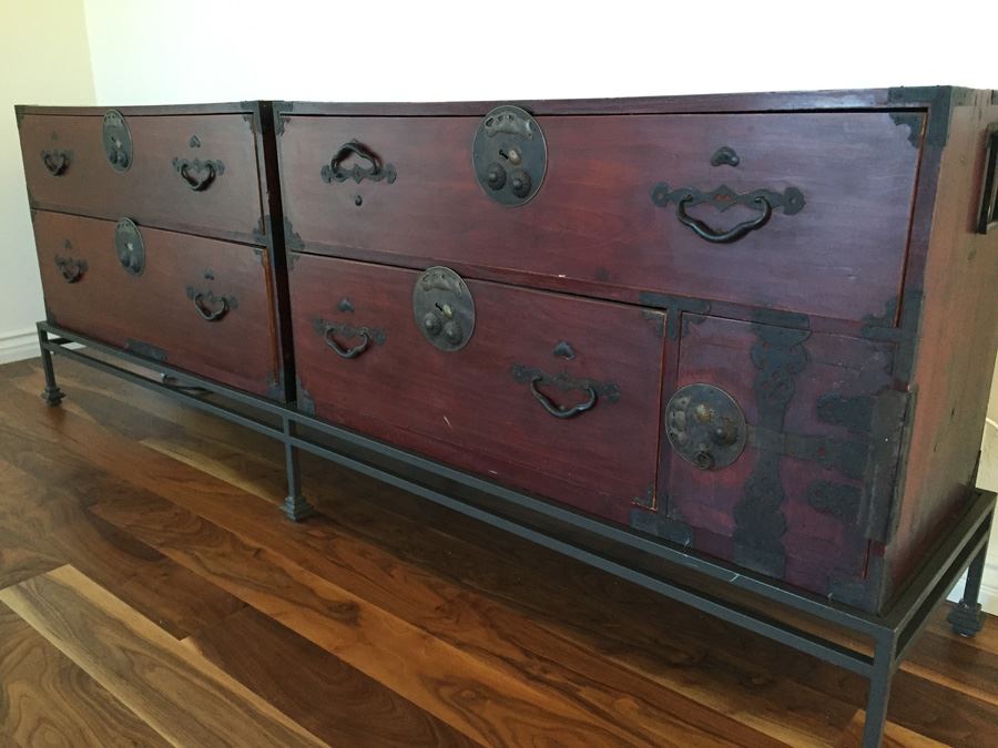 Pair Of Stunning Red Asian Campaign Chest Of Drawers Sitting On Modern Metal Stand [Photo 28]