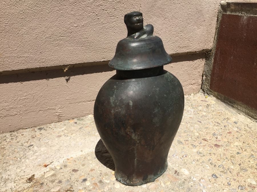 Impressive Bronze Asian HEAVY Vase Jar With Foo Dog On Lid Beautiful Patina [Photo 4]