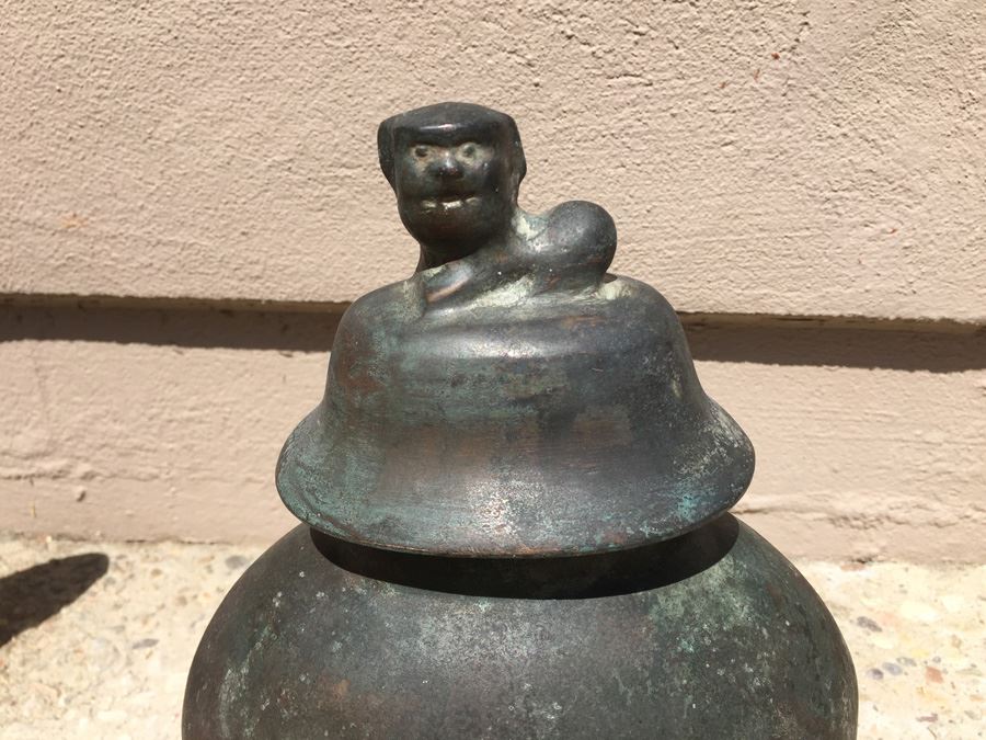 Impressive Bronze Asian HEAVY Vase Jar With Foo Dog On Lid Beautiful Patina [Photo 10]