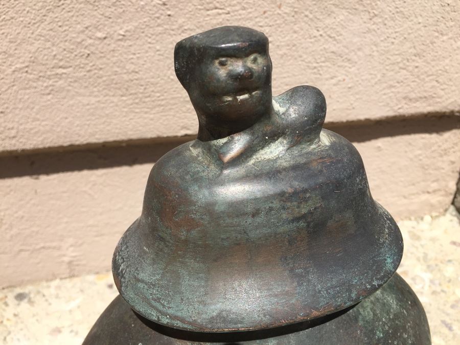 Impressive Bronze Asian HEAVY Vase Jar With Foo Dog On Lid Beautiful Patina [Photo 5]