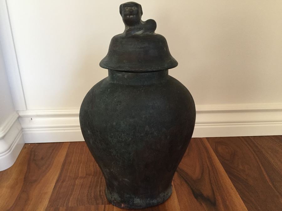 Impressive Bronze Asian HEAVY Vase Jar With Foo Dog On Lid Beautiful Patina