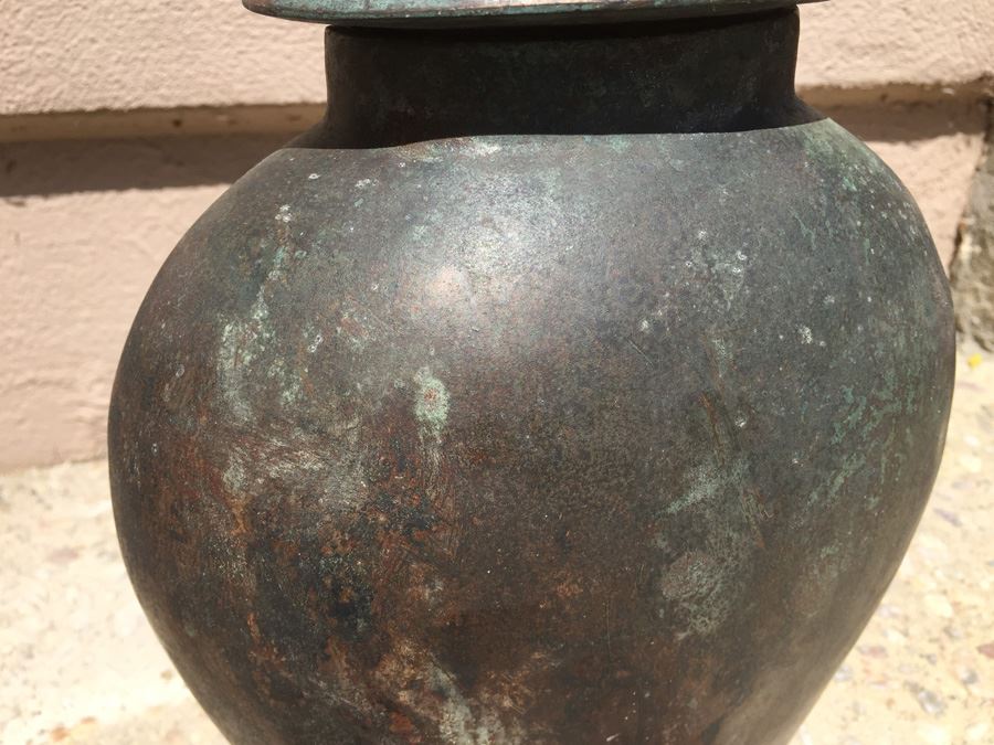 Impressive Bronze Asian HEAVY Vase Jar With Foo Dog On Lid Beautiful Patina [Photo 7]