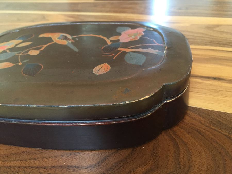 Vintage Lacquer Asian Box With Inlaid Bird And Flowers [Photo 8]