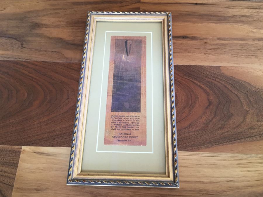 Vintage National Geographic Society Framed Bookmark From Piece Of 1935 Balloon Explorer II  [Photo 1]