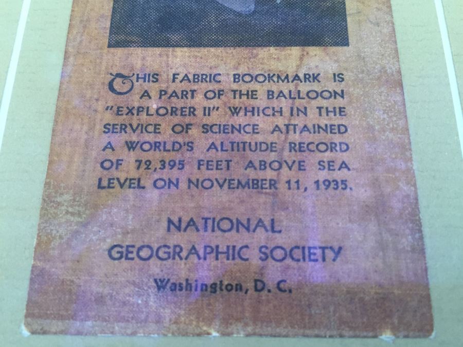 Vintage National Geographic Society Framed Bookmark From Piece Of 1935 Balloon Explorer II  [Photo 3]