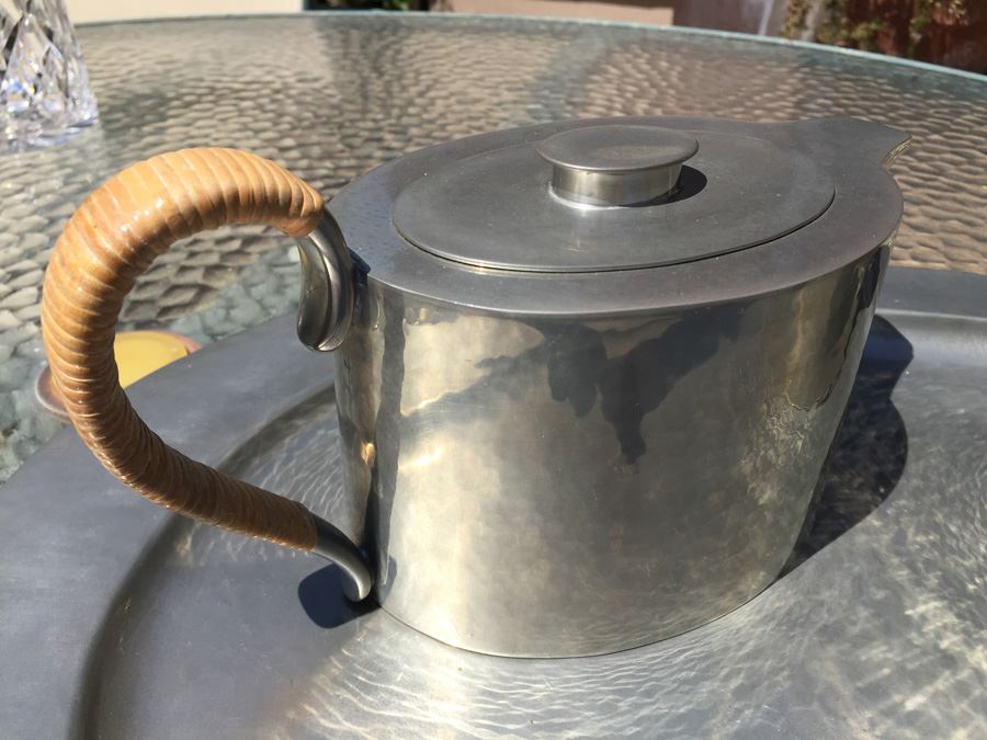 Porter Blanchard Six Piece Hammered Pewter And Wicker Coffee Tea Service Estimate $1,000+ [Photo 7]