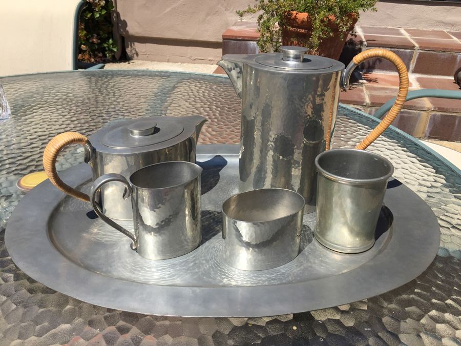 Porter Blanchard Six Piece Hammered Pewter And Wicker Coffee Tea Service Estimate $1,000+