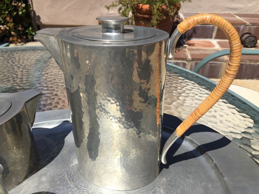 Porter Blanchard Six Piece Hammered Pewter And Wicker Coffee Tea Service Estimate $1,000+ [Photo 2]