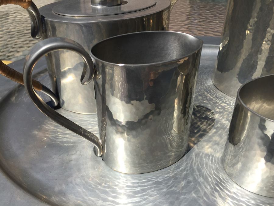 Porter Blanchard Six Piece Hammered Pewter And Wicker Coffee Tea Service Estimate $1,000+ [Photo 4]
