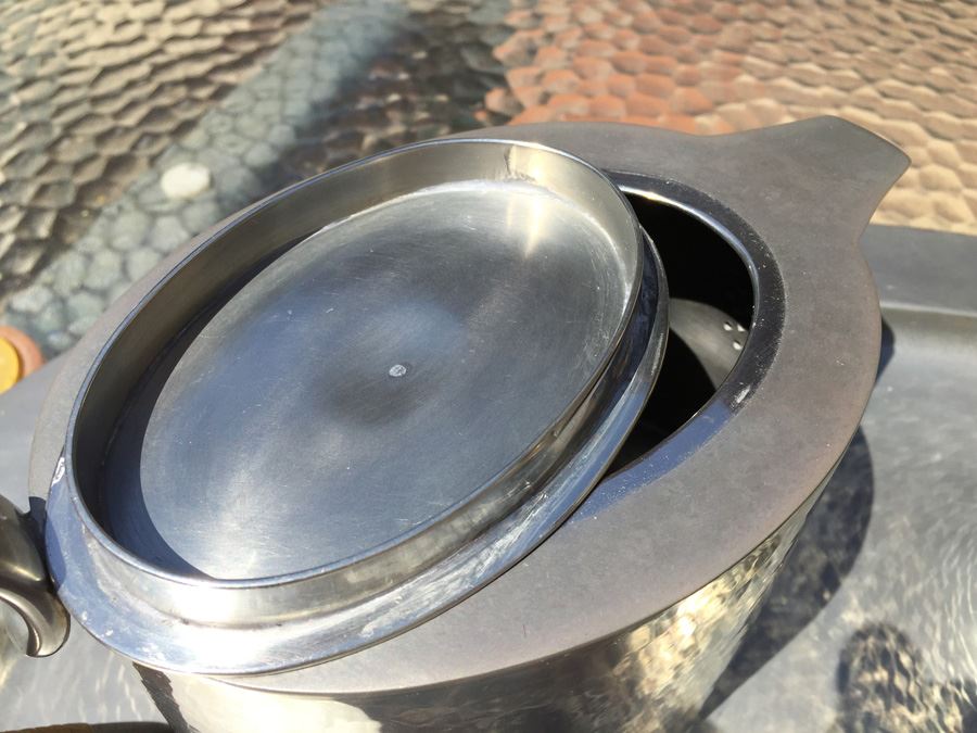 Porter Blanchard Six Piece Hammered Pewter And Wicker Coffee Tea Service Estimate $1,000+ [Photo 9]