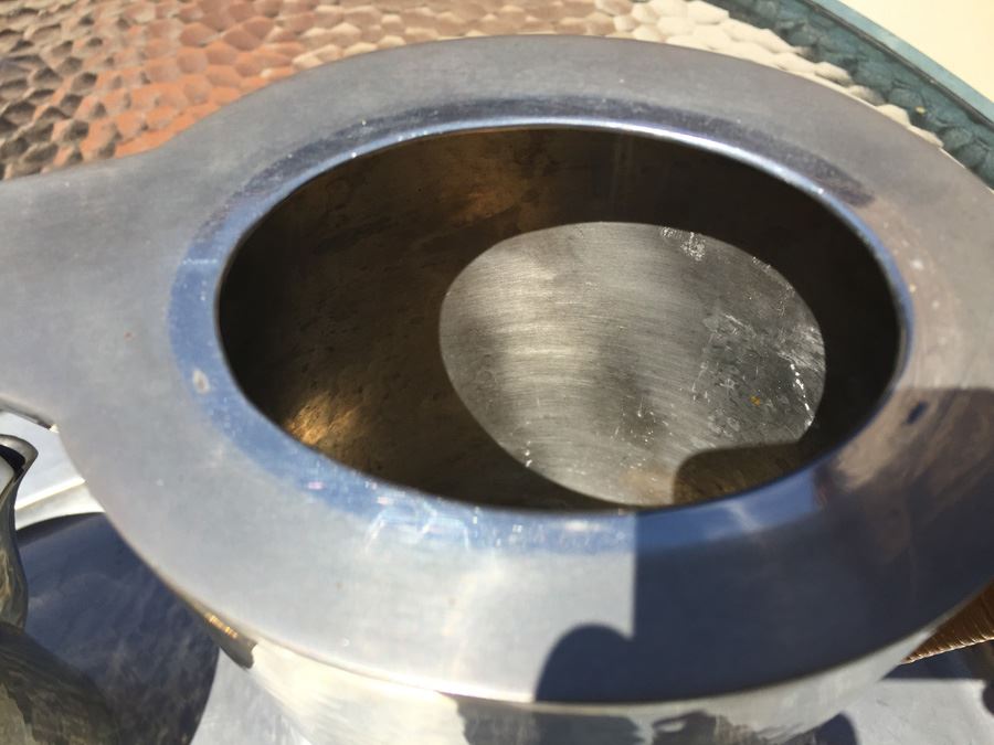 Porter Blanchard Six Piece Hammered Pewter And Wicker Coffee Tea Service Estimate $1,000+ [Photo 8]