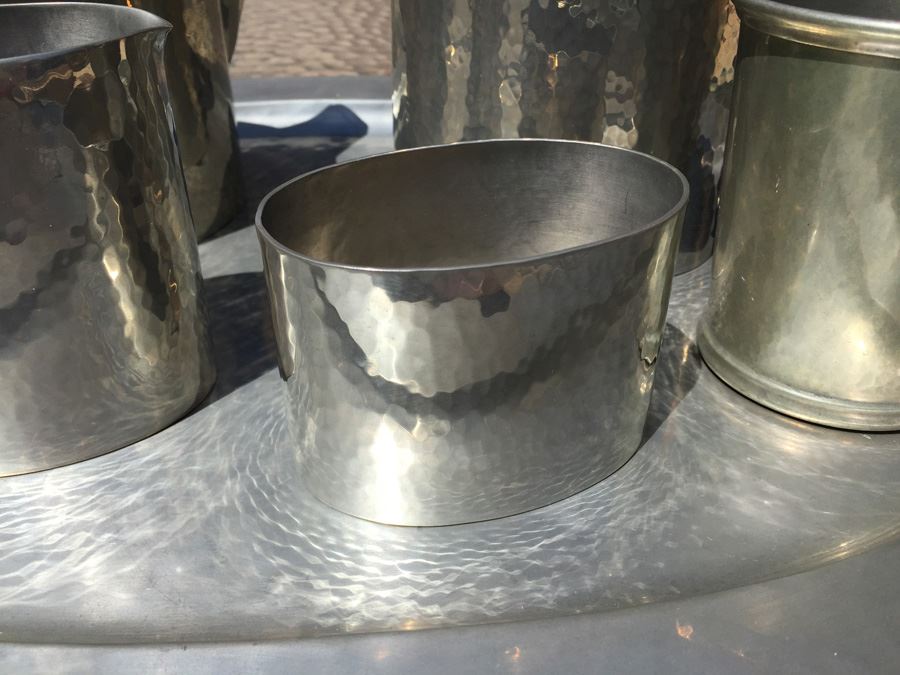 Porter Blanchard Six Piece Hammered Pewter And Wicker Coffee Tea Service Estimate $1,000+ [Photo 5]