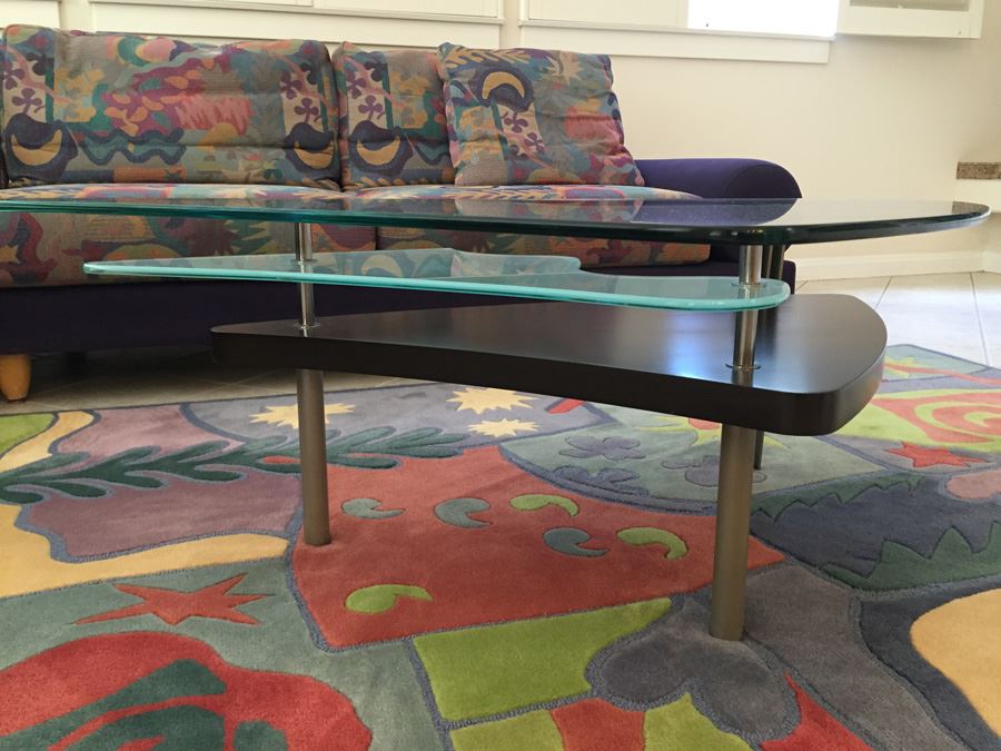 Modernist Glass Top Three-Tier Coffee Table With Metal Legs Purchased From Lawrance Furniture [Photo 2]