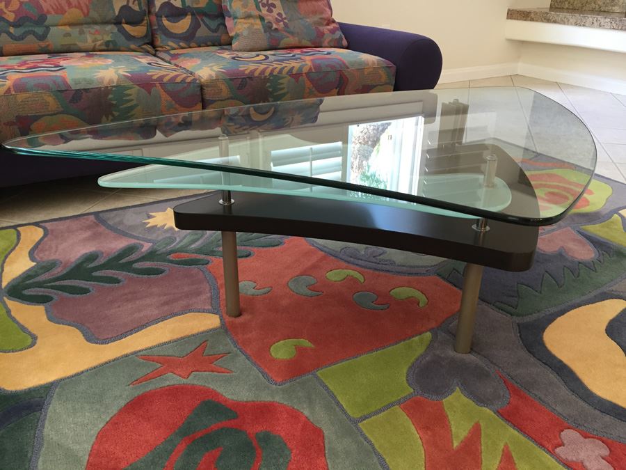 Modernist Glass Top Three-Tier Coffee Table With Metal Legs Purchased From Lawrance Furniture