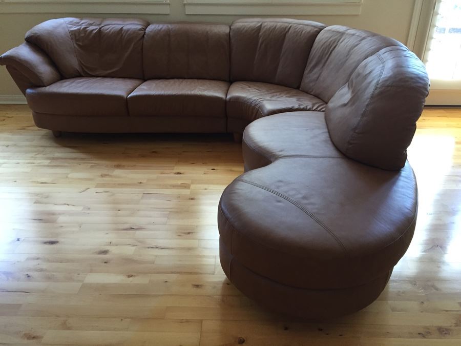 German Leather Schillig? Sectional Sofa One Side Pivots To Extend Out Or In - Light Brown