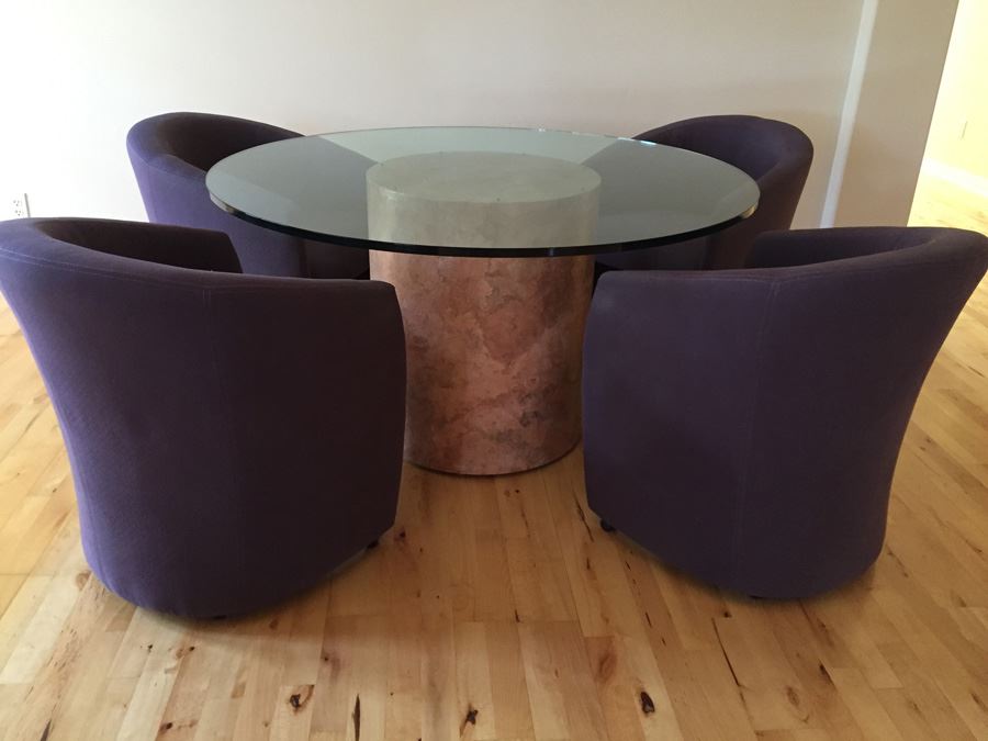 Designer Table And Four Purple Chairs With Pounded And Formed Mulberry Bark Pedestal By San Francisco Furniture Designer [Photo 1]