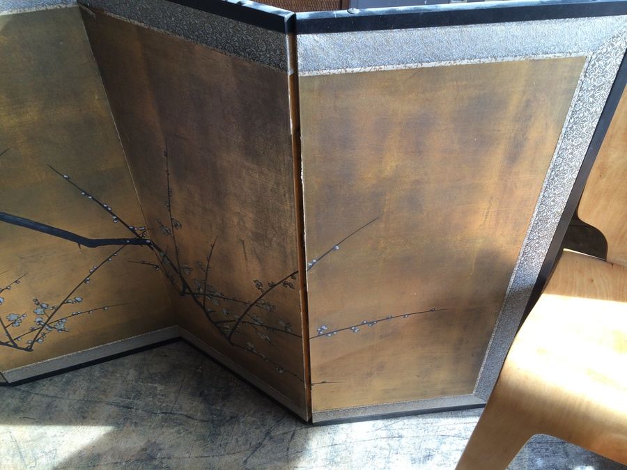 Hand Painted and Signed 4-Panel Vintage Oriental Gold Leaf Tree Blossom Screen [Photo 5]