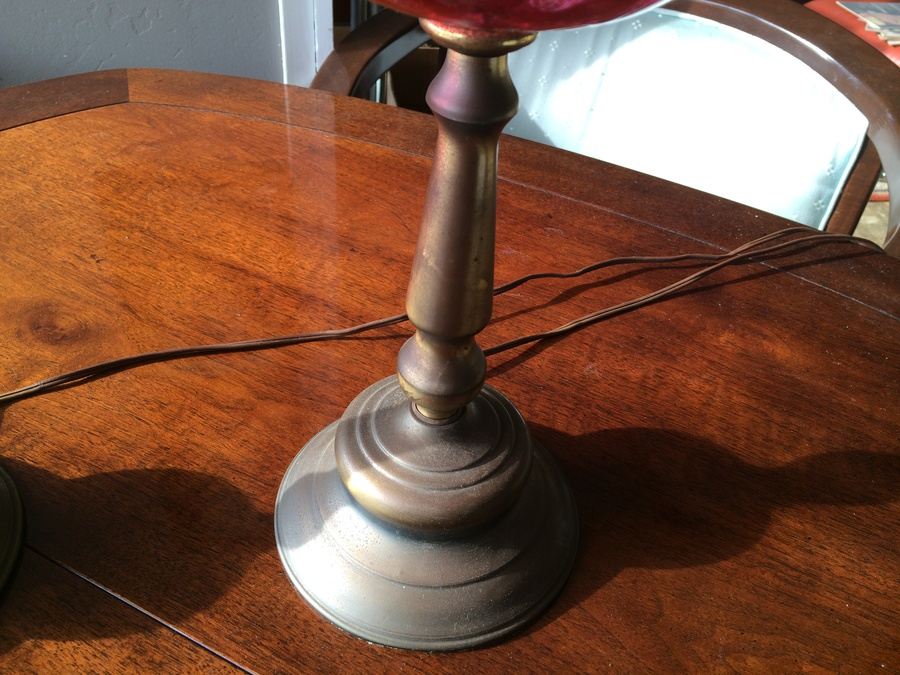 Cranberry Thumbprint Brass Lamp w/ Hurricane Shade [Photo 6]
