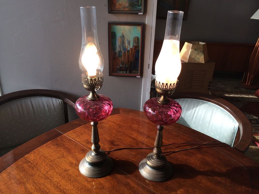 Cranberry Thumbprint Brass Lamp w/ Hurricane Shade [Photo 1]