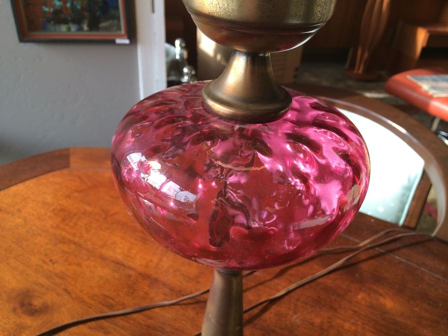 Cranberry Thumbprint Brass Lamp w/ Hurricane Shade [Photo 7]