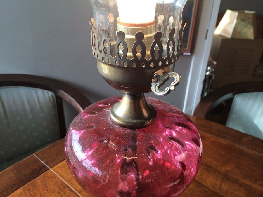 Cranberry Thumbprint Brass Lamp w/ Hurricane Shade [Photo 8]