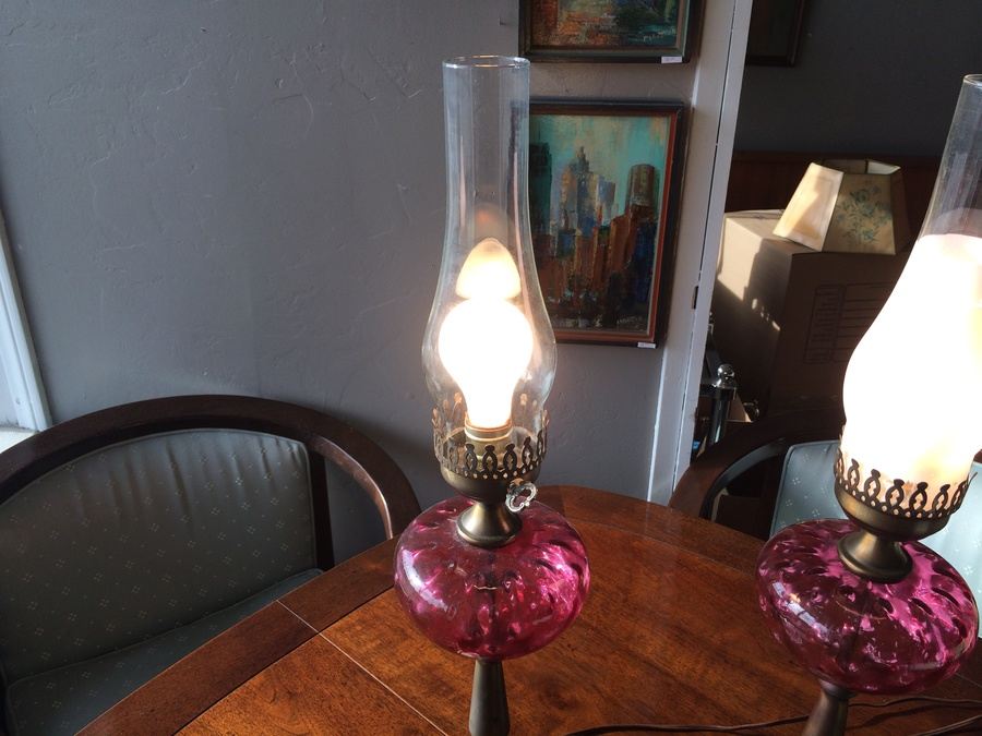 Cranberry Thumbprint Brass Lamp w/ Hurricane Shade [Photo 3]