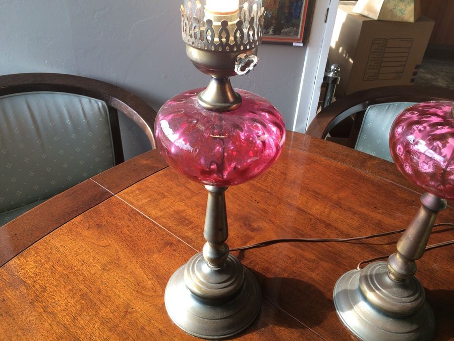 Cranberry Thumbprint Brass Lamp w/ Hurricane Shade [Photo 2]