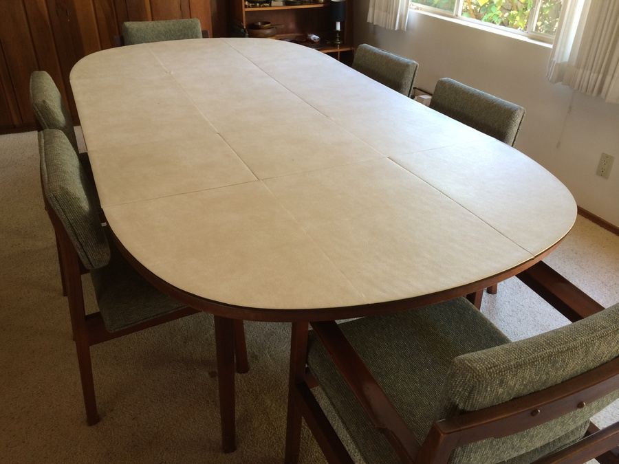 Jens Risom Walnut Dining Table with 6 Chairs and 3 Leaves [Photo 26]