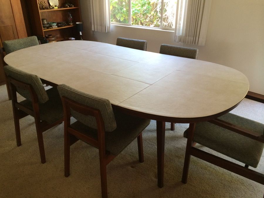 Jens Risom Walnut Dining Table with 6 Chairs and 3 Leaves [Photo 27]