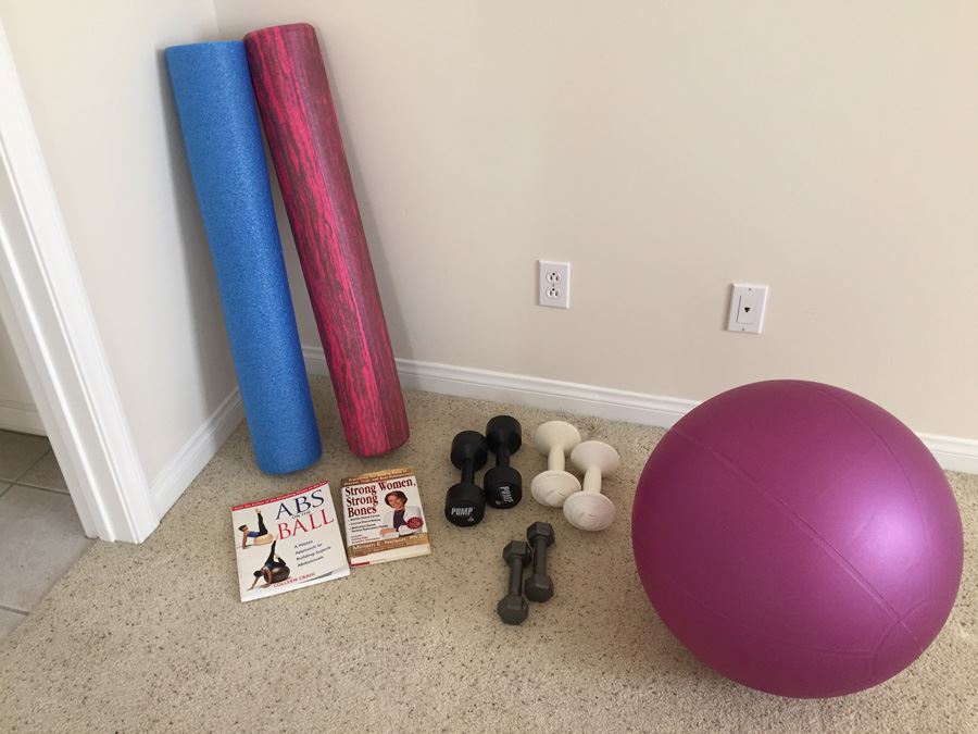 Exercise Lot With Sissel Abs Pro Ball, Free Weights And Books