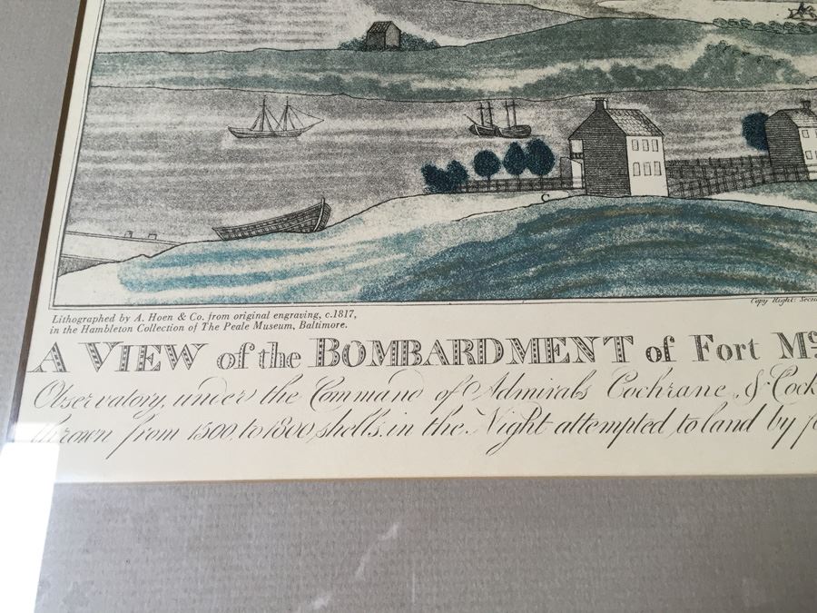 A View Of The Bombardment Of Fort McHenry Near Baltimore Lithographed By A. Hoen & Co From Original Engraving, c.1817 J. Bower [Photo 12]