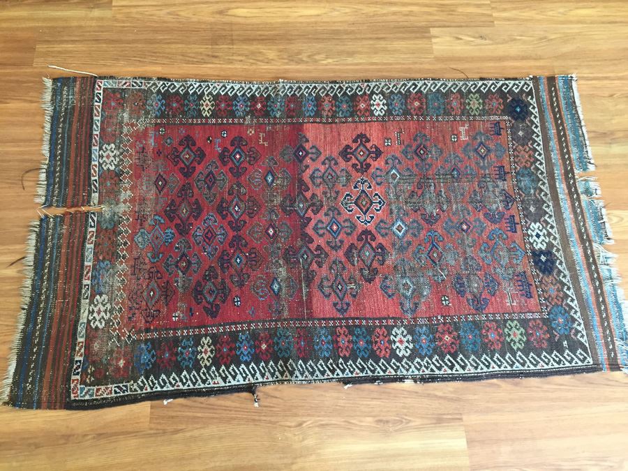 Vintage Hand Knotted Wool Rug With Geometric Patterns