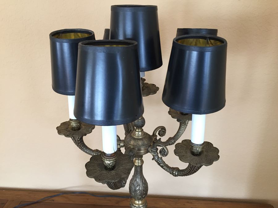 Vintage Brass Candelabra Lamp With Footed Marble Base Five Arm